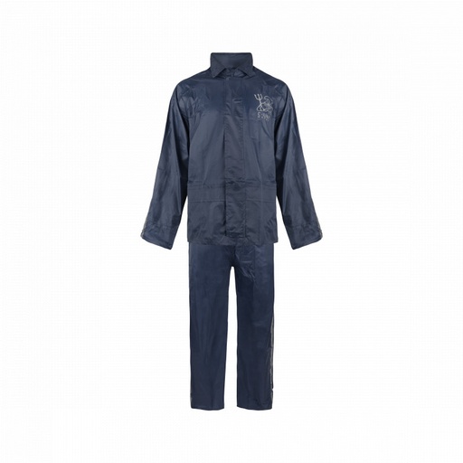 [11904] C-Line tweedelig regenpak met capuchon, Donker blauw met reflectie strepen, Polyerster/PVC, Kinder maat 134/140